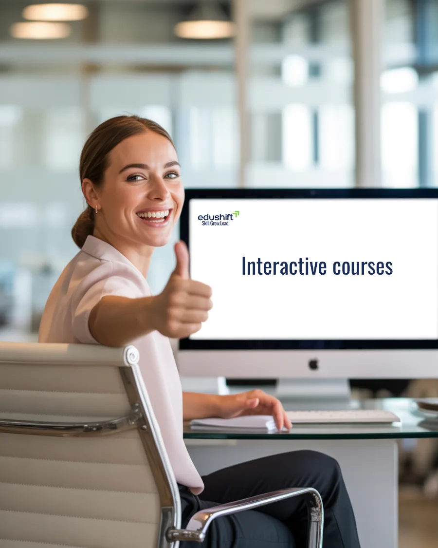 Learner giving a thumbs up in front of an EduShift interactive course